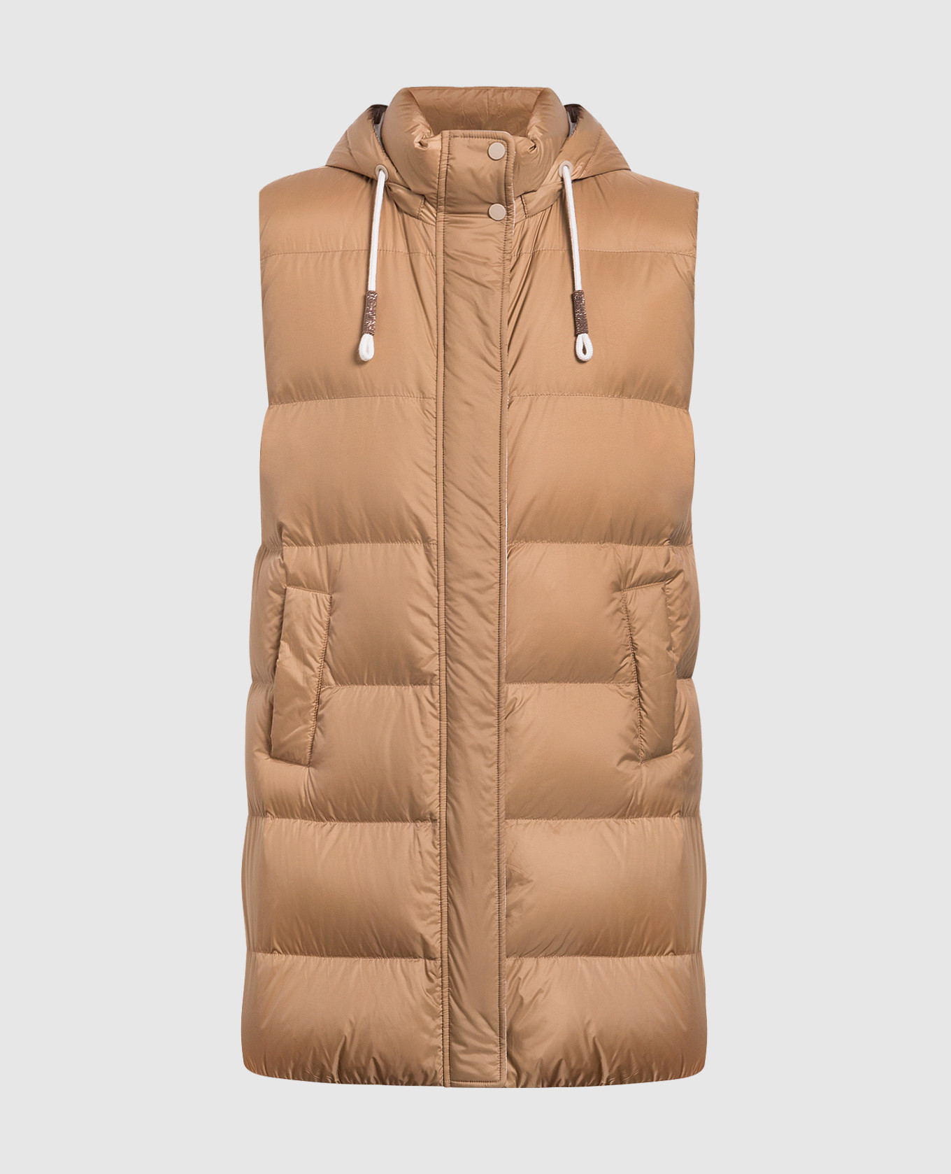 Brown down vest with monil chain