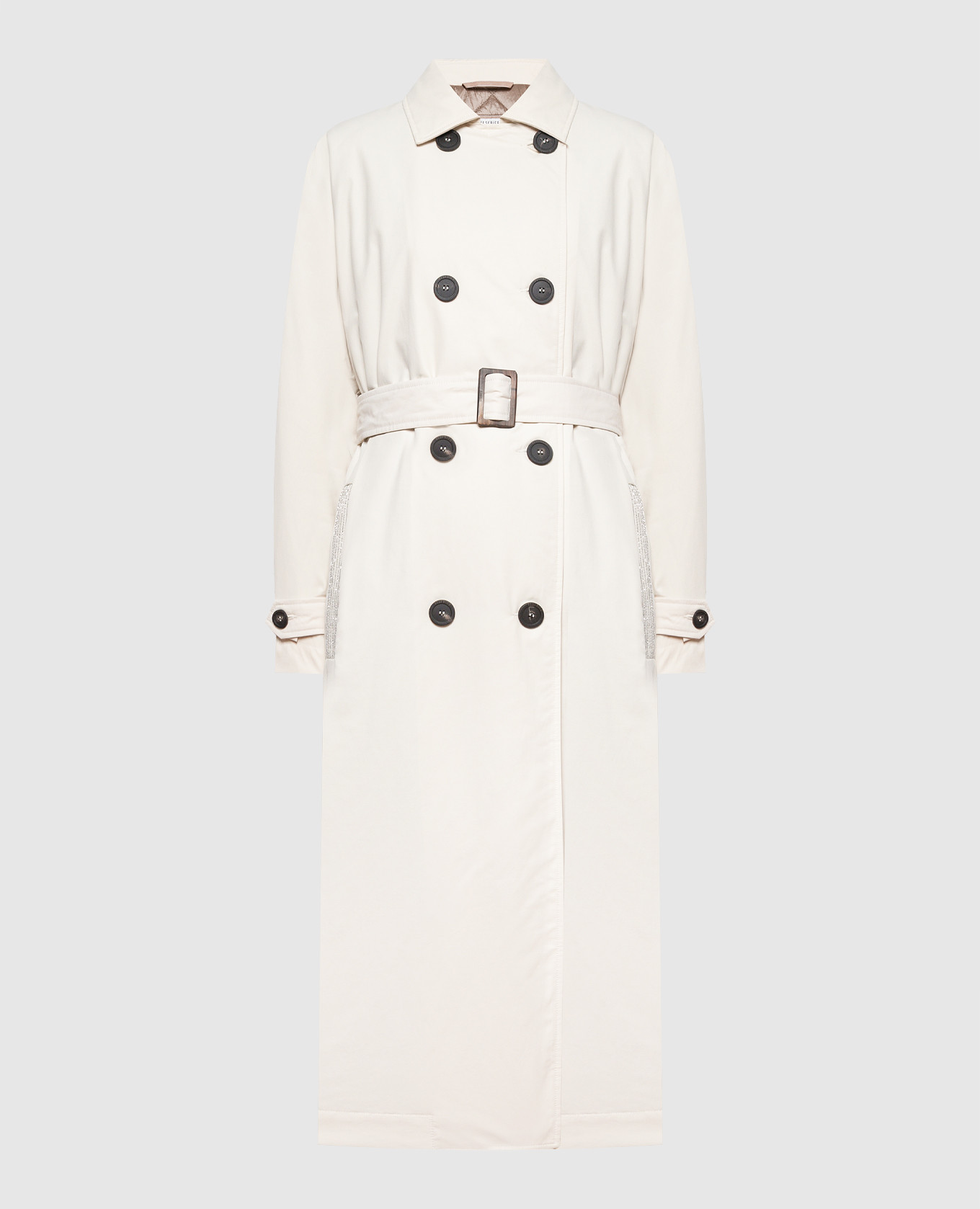 Beige trench coat with monil chain