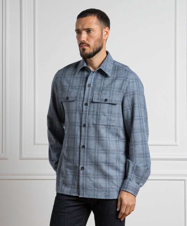 ISAIA Blue checked wool and cashmere shirt OSH0098417K image 3
