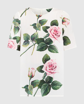 Dolce&Gabbana Белая блуза из шелка в принт Розы. F7U27TFSAZD