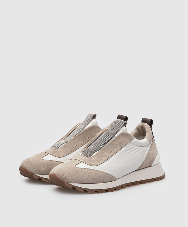 Brunello Cucinelli Бежевые кроссовки с замшевыми вставками и цепочками MZSFG2126 изображение 3