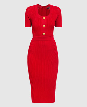 Balmain Красное платье миди в рубчик BF1RK060KE18