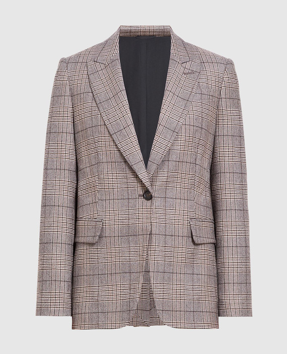 Brown checked jacket with monil chain