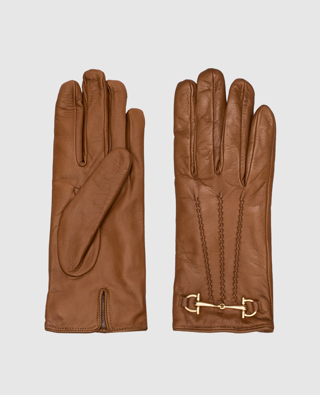 Brown leather gloves with a chain