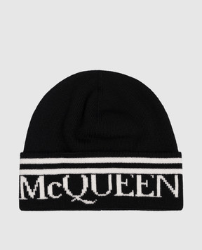 Alexander McQueen Black wool cap with contrasting logo 7304303206Q