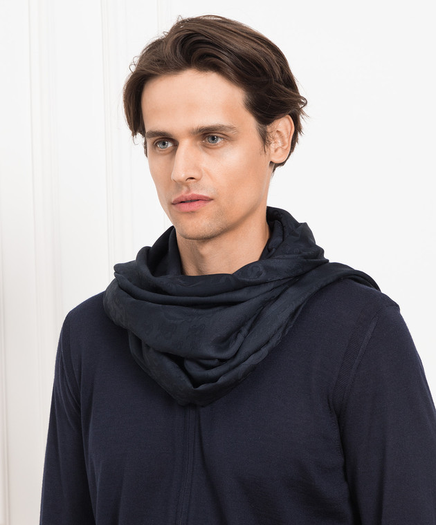 Stefano Ricci Темно-синій шарф з принтом логотипу з шовку та кашеміру MWA21000107126 зображення 2