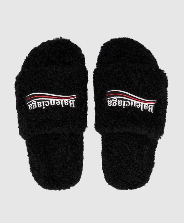 Balenciaga - Черные шлепанцы Furry Slide с вышивкой логотипа Balenciaga - Черные шлепанцы Furry Slide с вышивкой логотипа