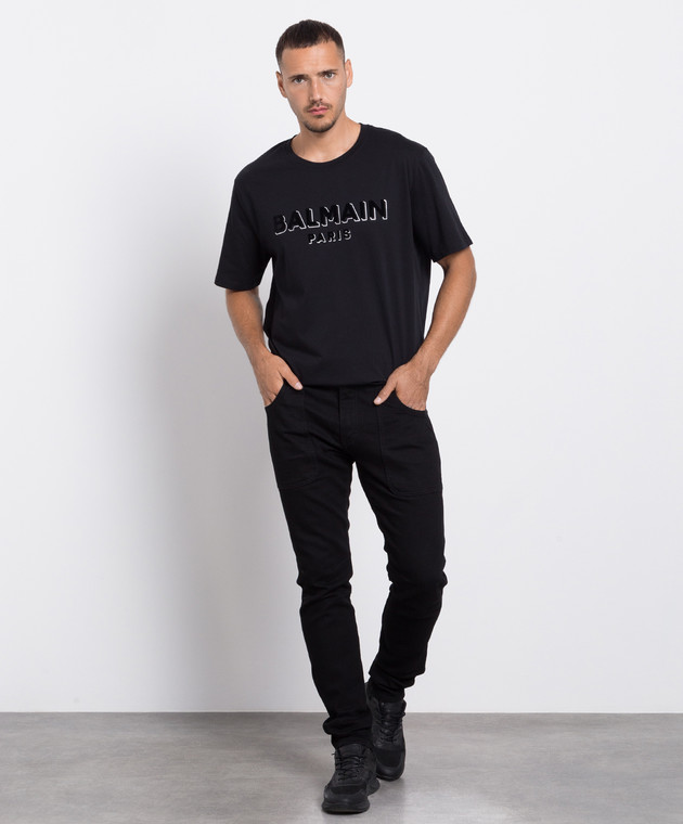 Balmain Black t-shirt with textured logo BH1EG010BB99 image 2