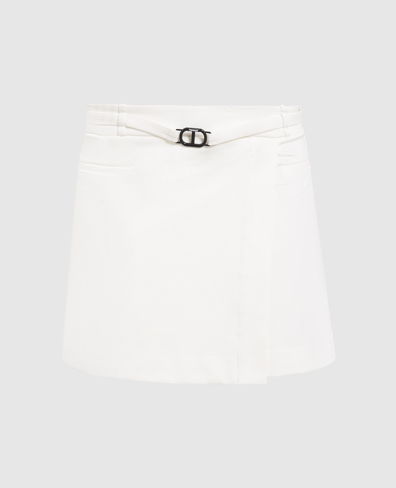 White mini skirt with contrasting Oval T logo