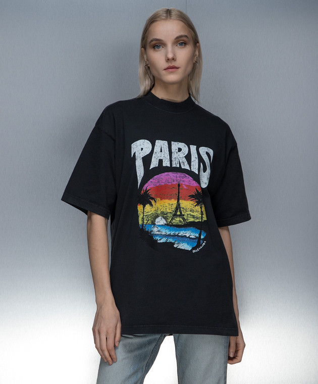 Balenciaga Черная футболка с принтом PARIS TROPICAL 764235TPVL9 изображение 3