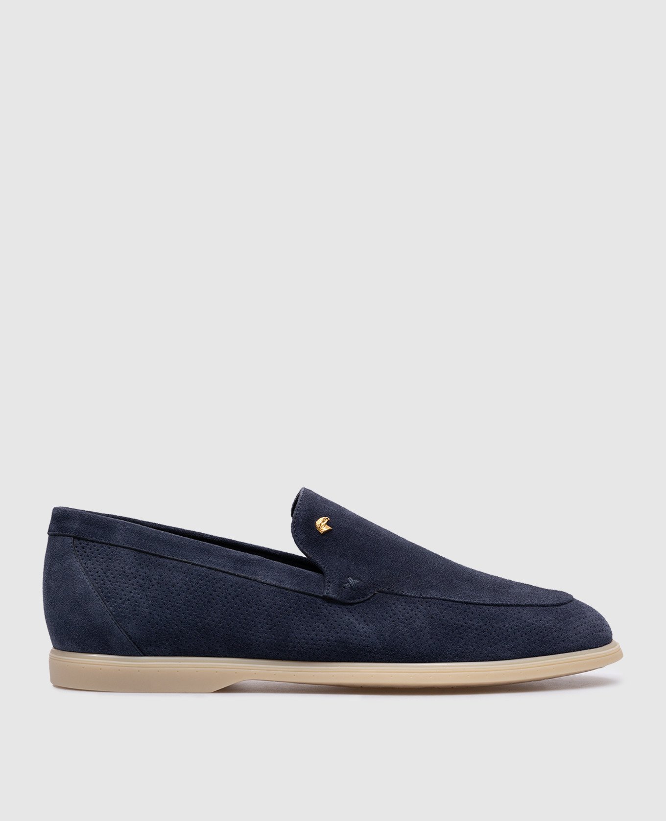 Blue suede loafers with metallic logo