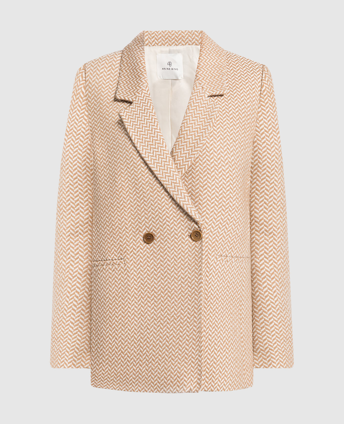 

Бежевый двубортный жакет в узор елки, Жакеты