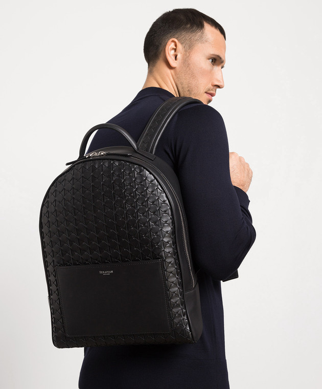 Serapian Black leather backpack with Mosaico weaving SRMOSMLL712328Y001 изображение 2