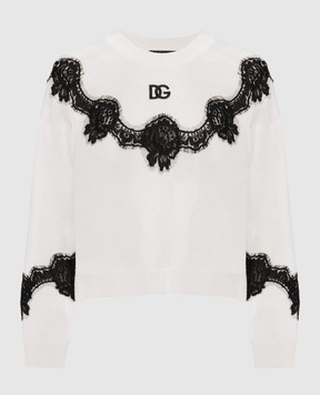Dolce&Gabbana Бежевий светр з вовною з контрастним мереживом та логотипом FXX29ZJCVT5