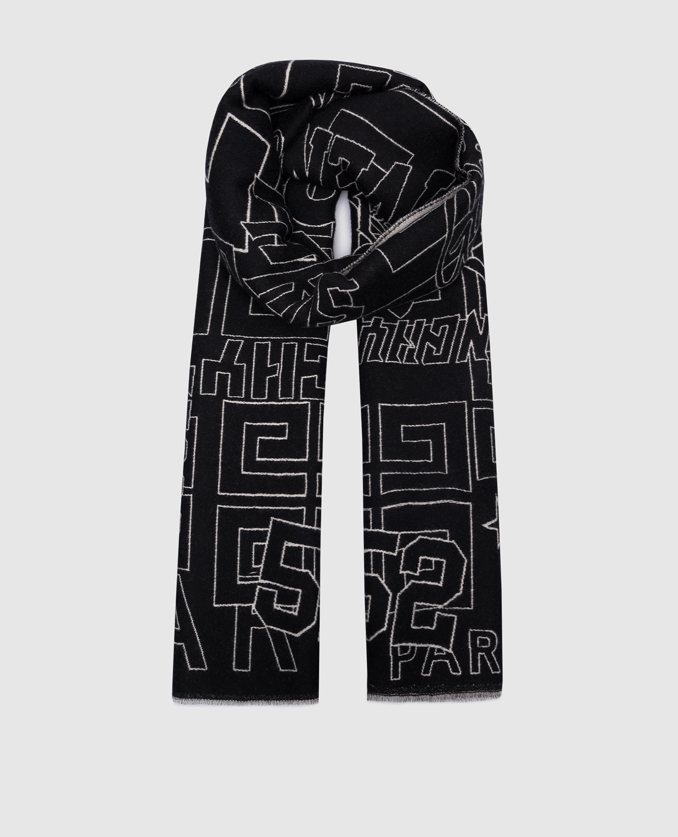 Черный шарф из шерсти и шелка в брендированном узоре.