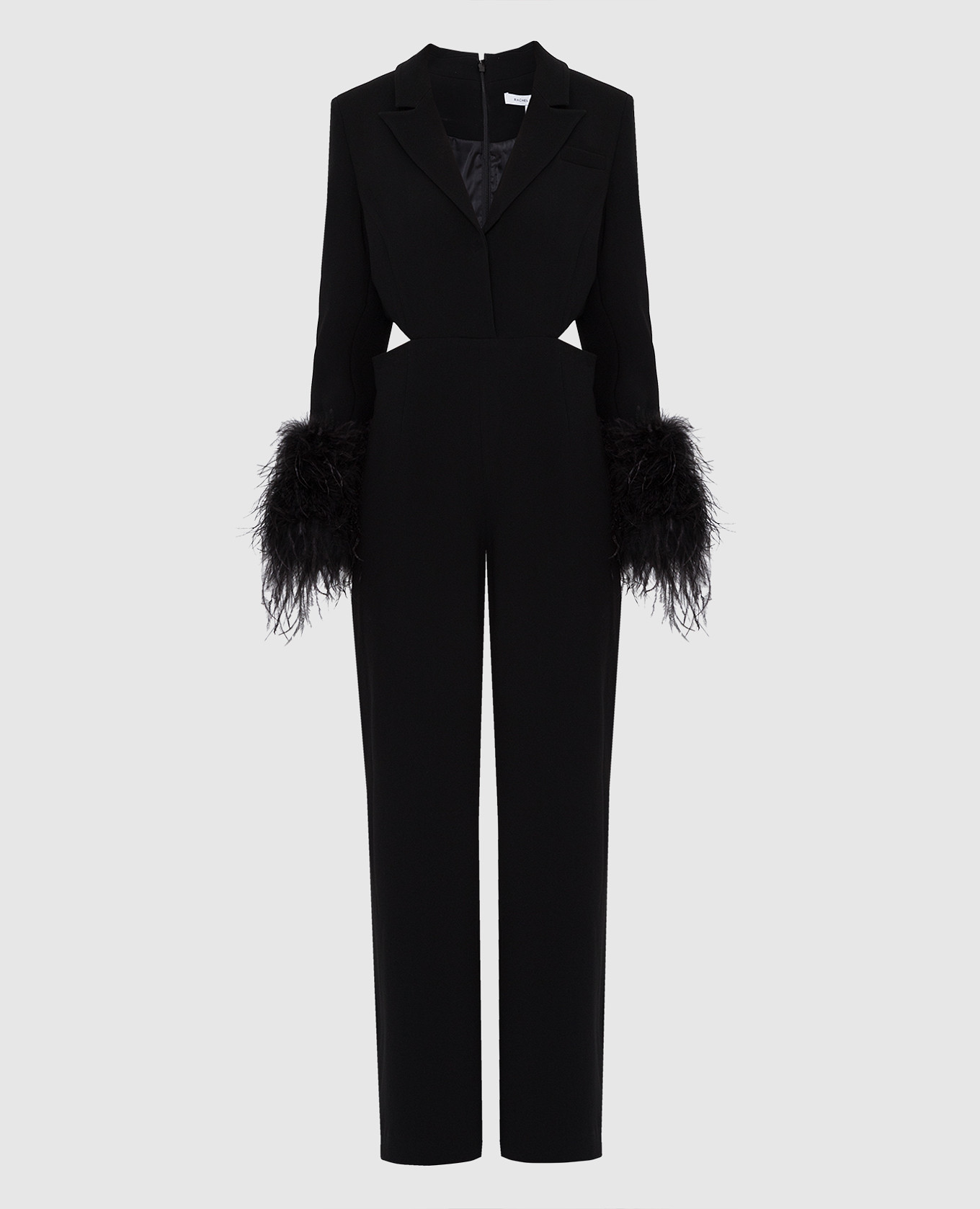 Black Silas jumpsuit with cutouts and feathers