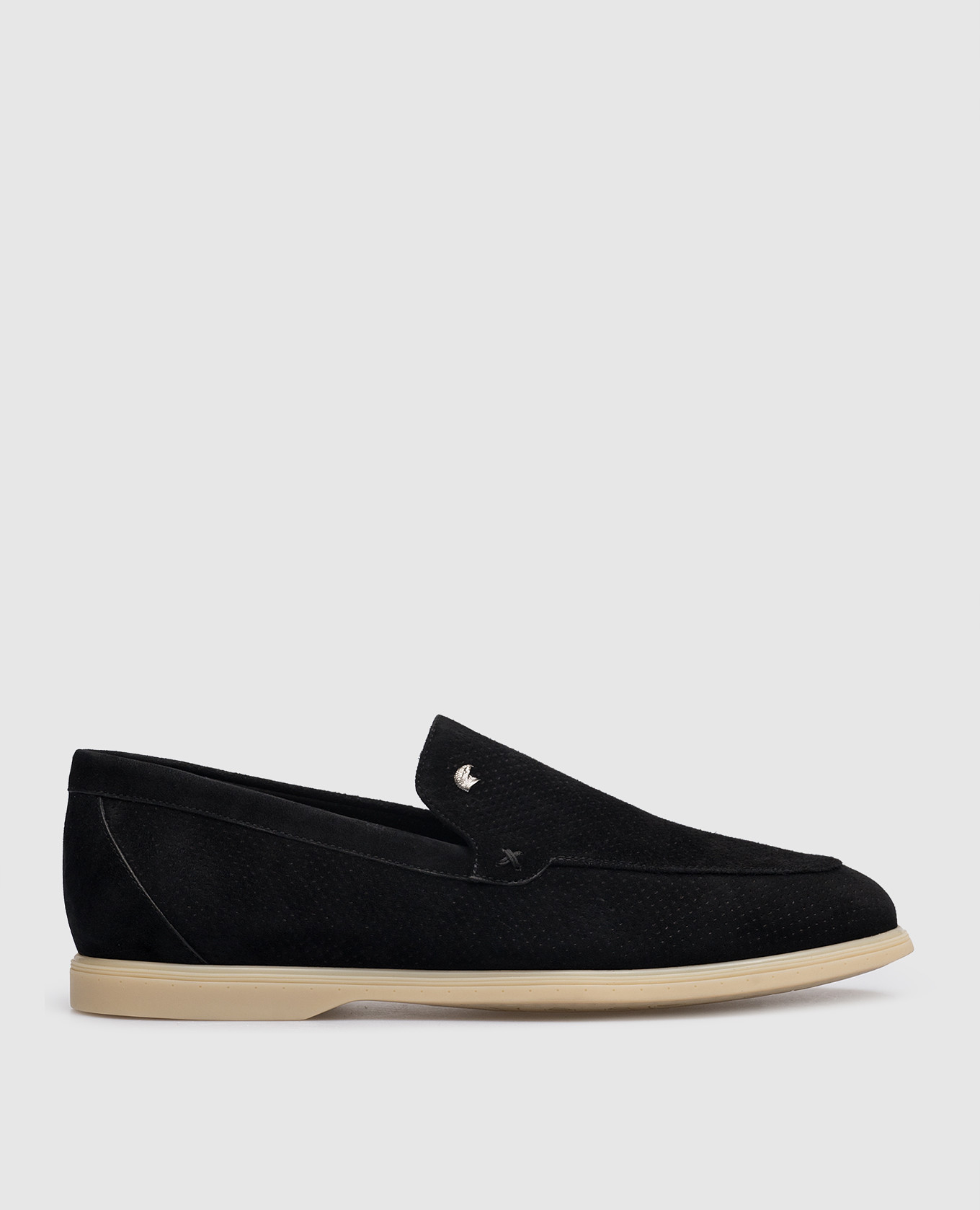 Black suede slippers with metallic logo