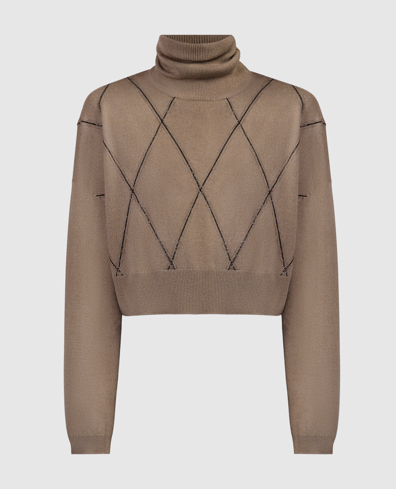 Brown sweater in a geometric pattern with a monil chain made of ecolathoon