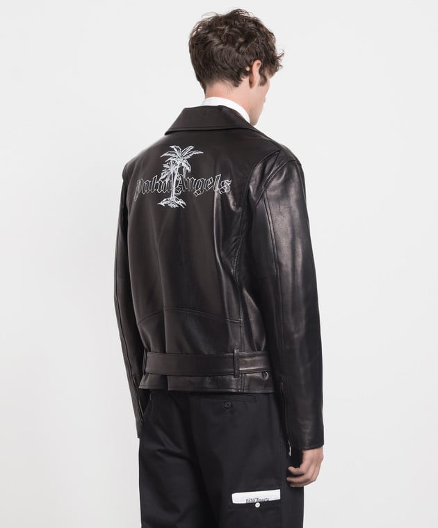 Palm Angels Black leather jacket with logo print PMJG011E23LEA001m image 4