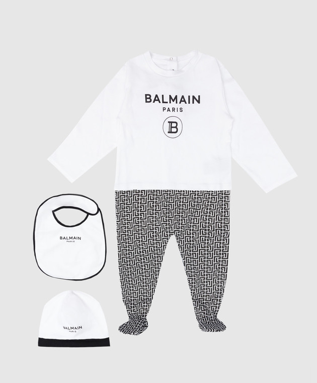 Balmain Дитячий білий комплект з комбінезону, слинявчика та шапки з контрастним принтом 6RB540Z0209