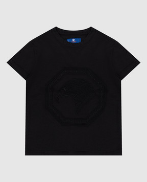 Stefano Ricci Детская черная футболка с вышивкой эмблемы. YNH6400020803