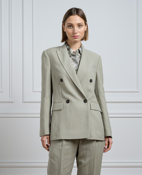 Brunello Cucinelli Сірий двобортний жакет з льоном з ланцюжком моніль MH1262215