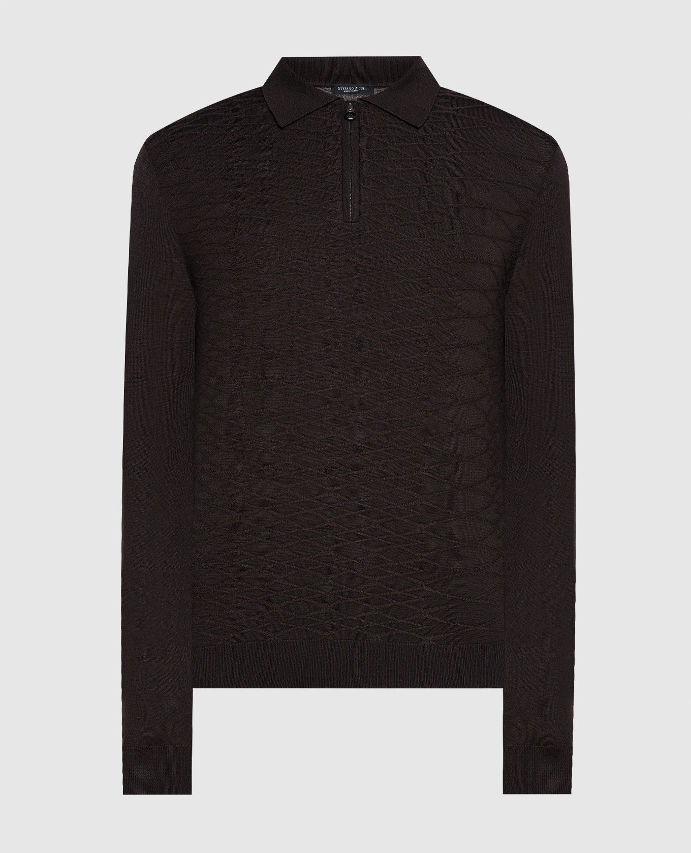 Brown polo shirt in cashmere and silk with a textured pattern and logo