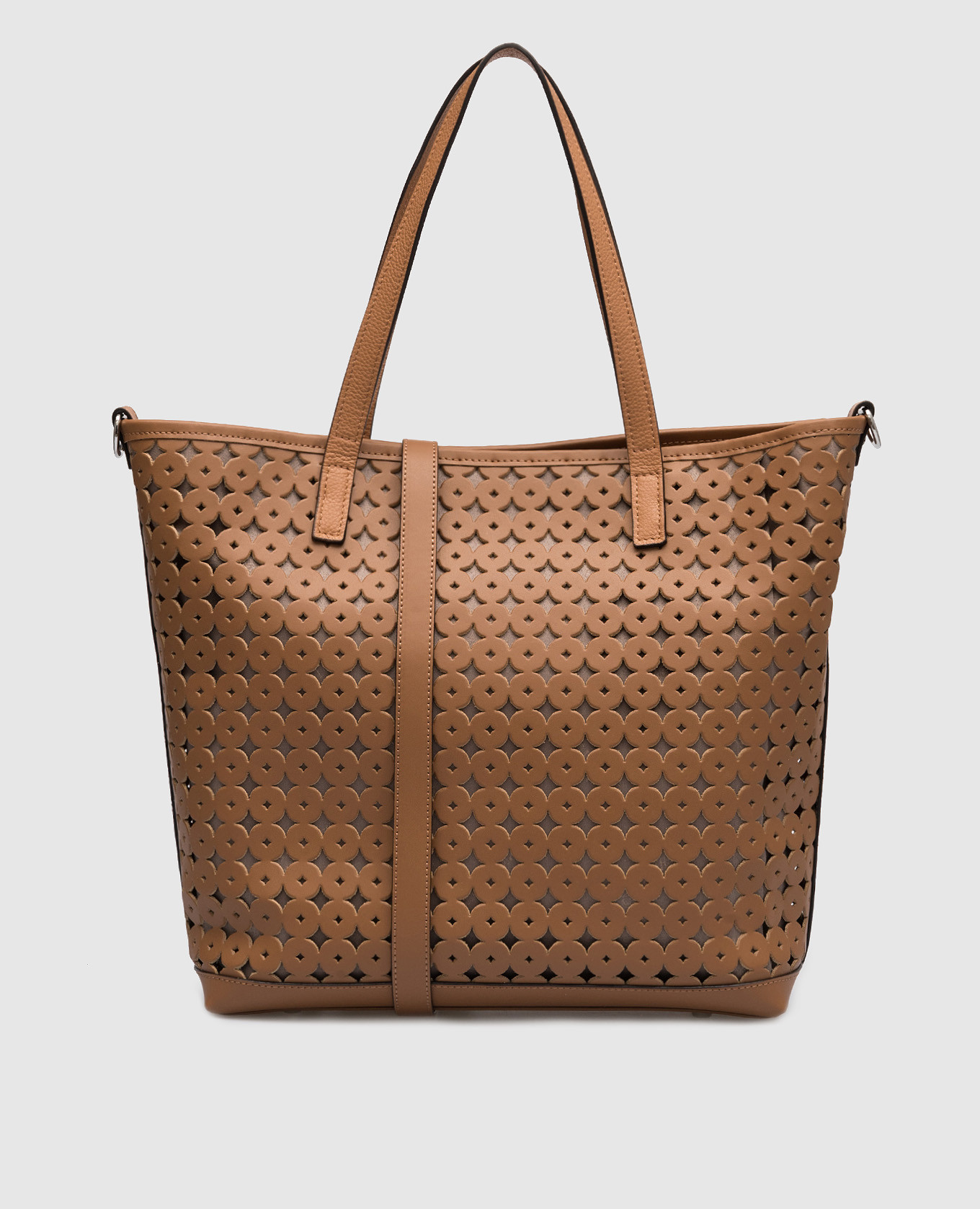 Brown leather tote bag with perforation