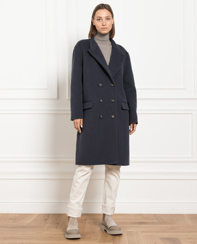 Brunello Cucinelli Синє двобортне пальто з вовни та кашеміру MD5329728P