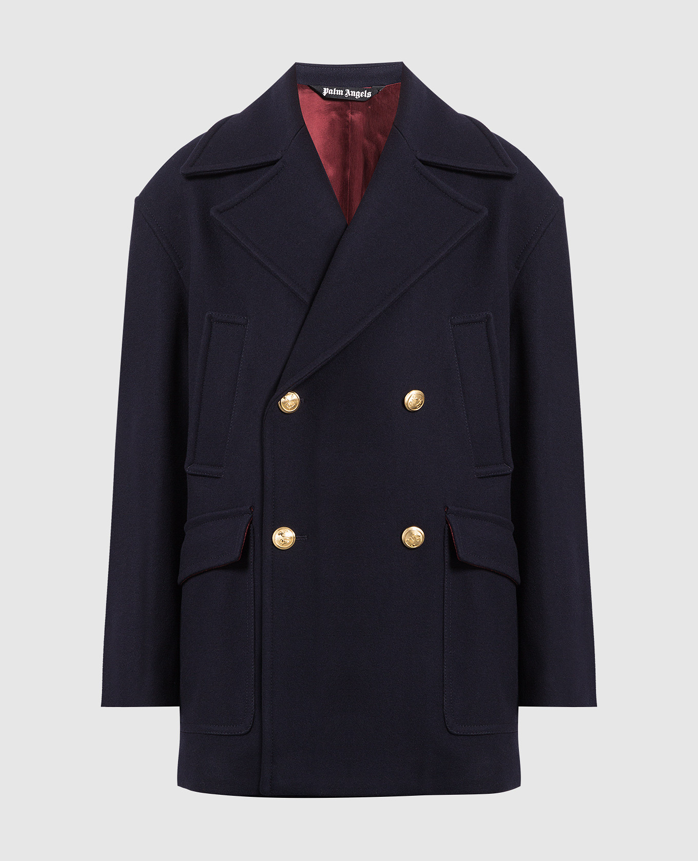 

Голубое двубортное пальто с вышивкой логотипа, Синий, Пальто