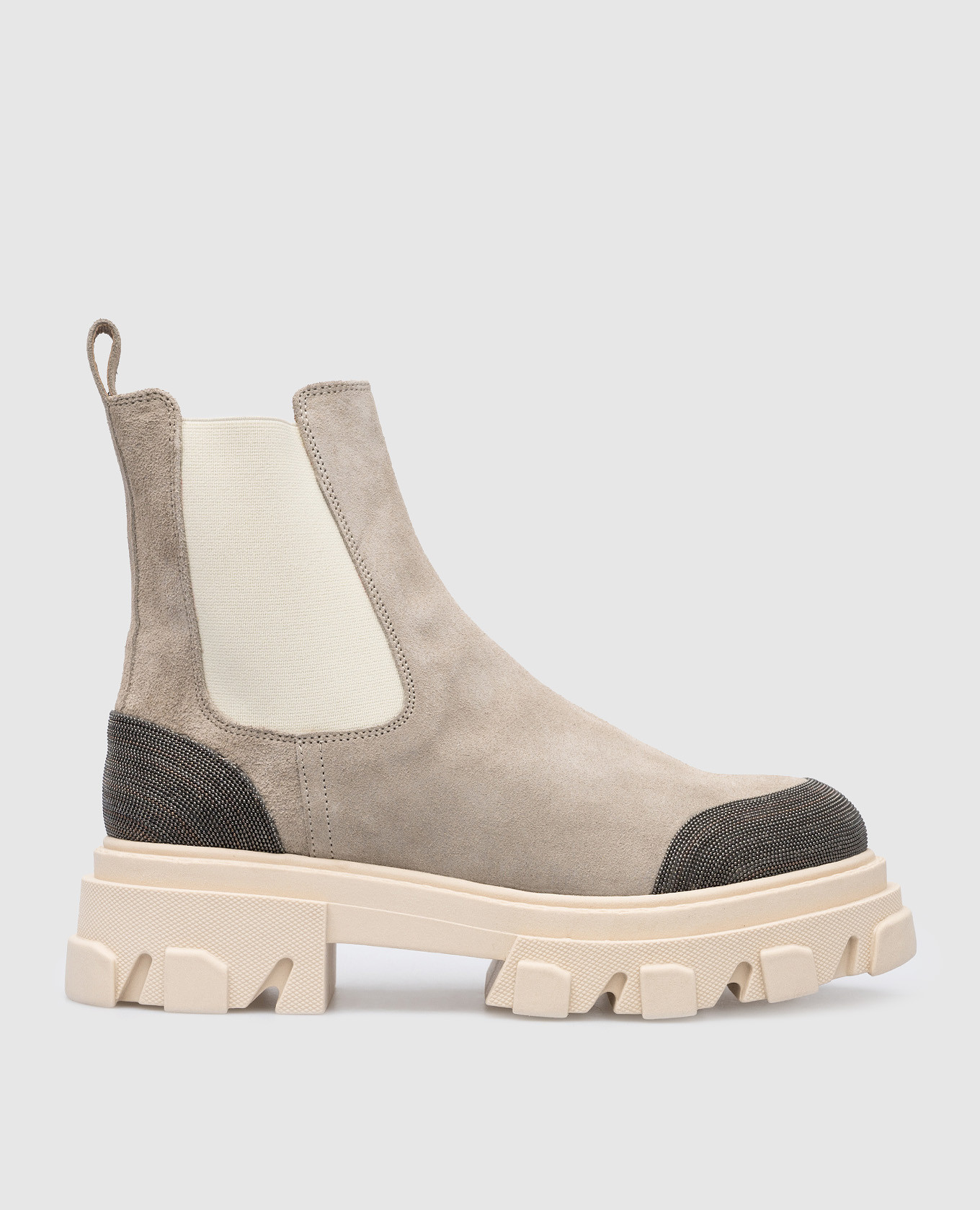 Gray suede chelsea boots with monil chain