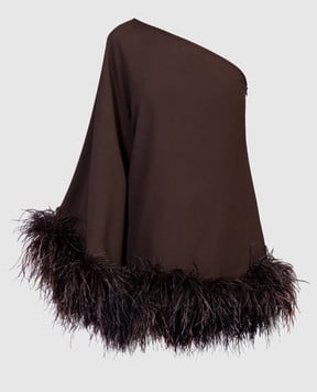 Taller Marmo Коричневое платье на одно плечо Piccolo Ubud с перьями страуса CORE01