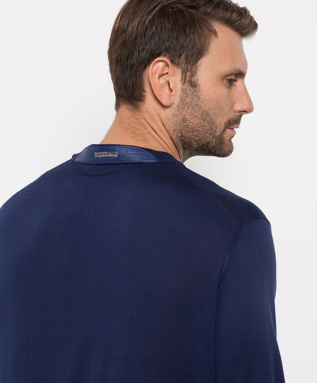 Stefano Ricci Темно-синя футболка з шовку з патчем зі шкіри крокодила K616006G12F22102 зображення 5