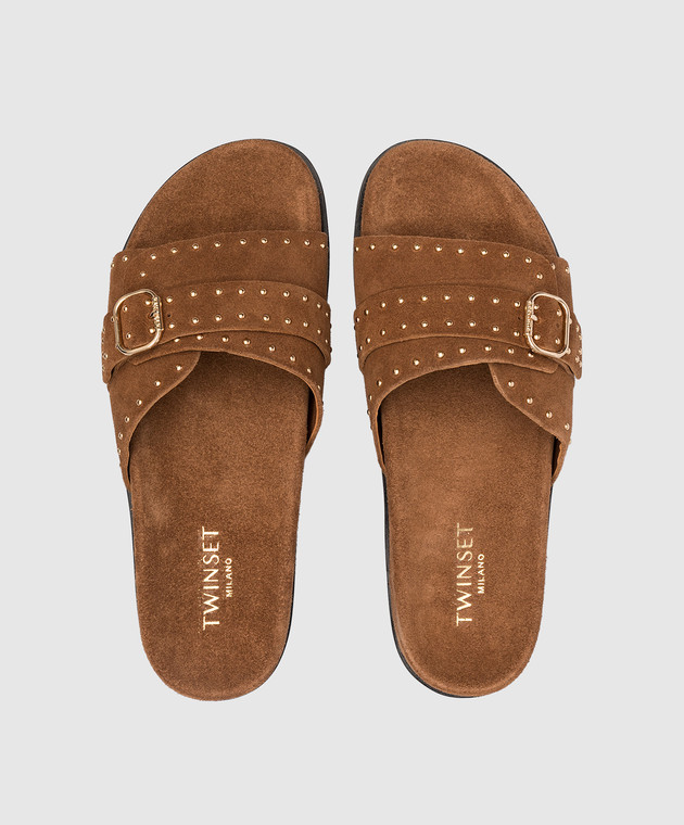 Twinset Brown suede flip flops with rivets 231TCT196 image 4