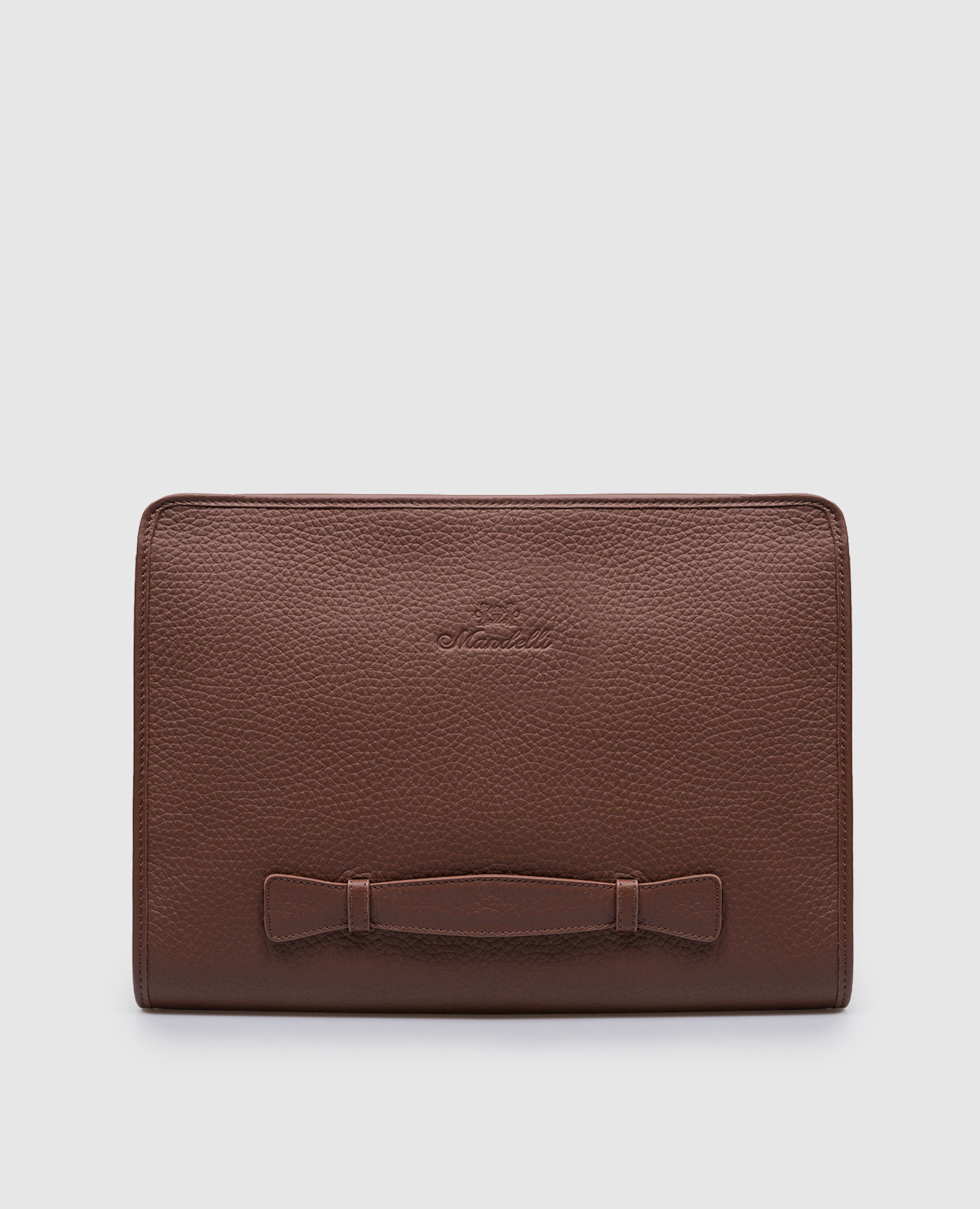 Brown leather folder for documents with embossed logo