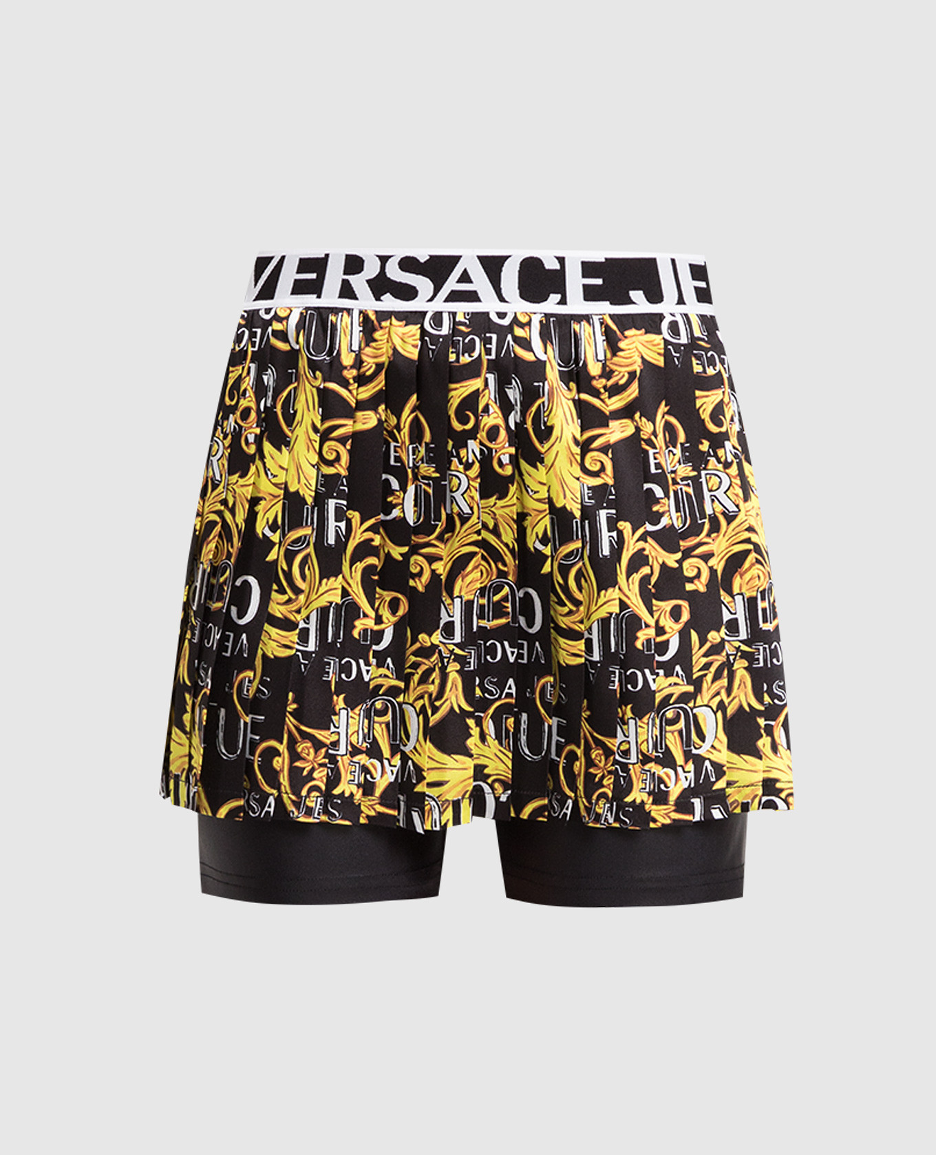 Black skirt-shorts with pleating in Logo Couture print