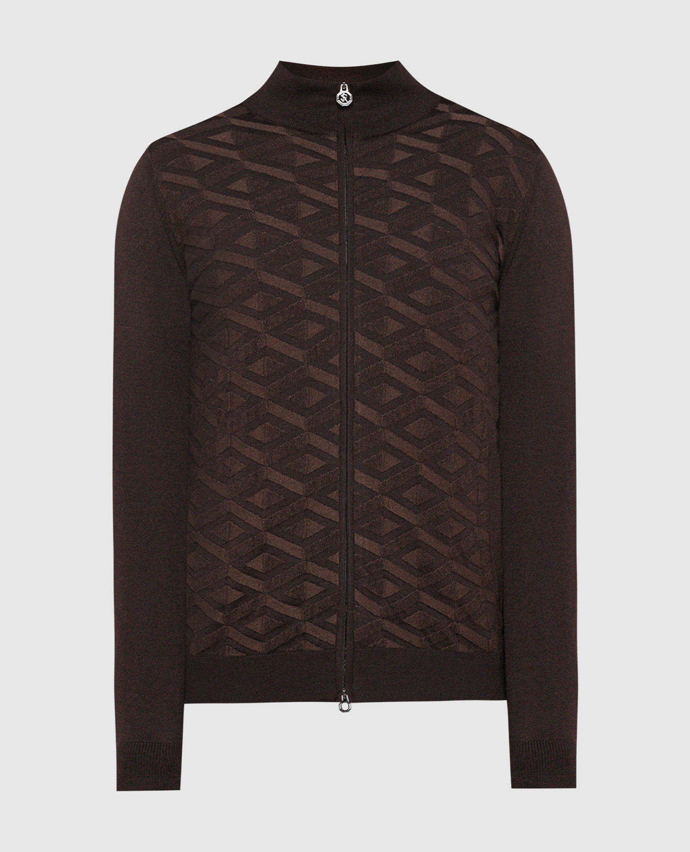 Brown cardigan in cashmere and silk with a geometric pattern