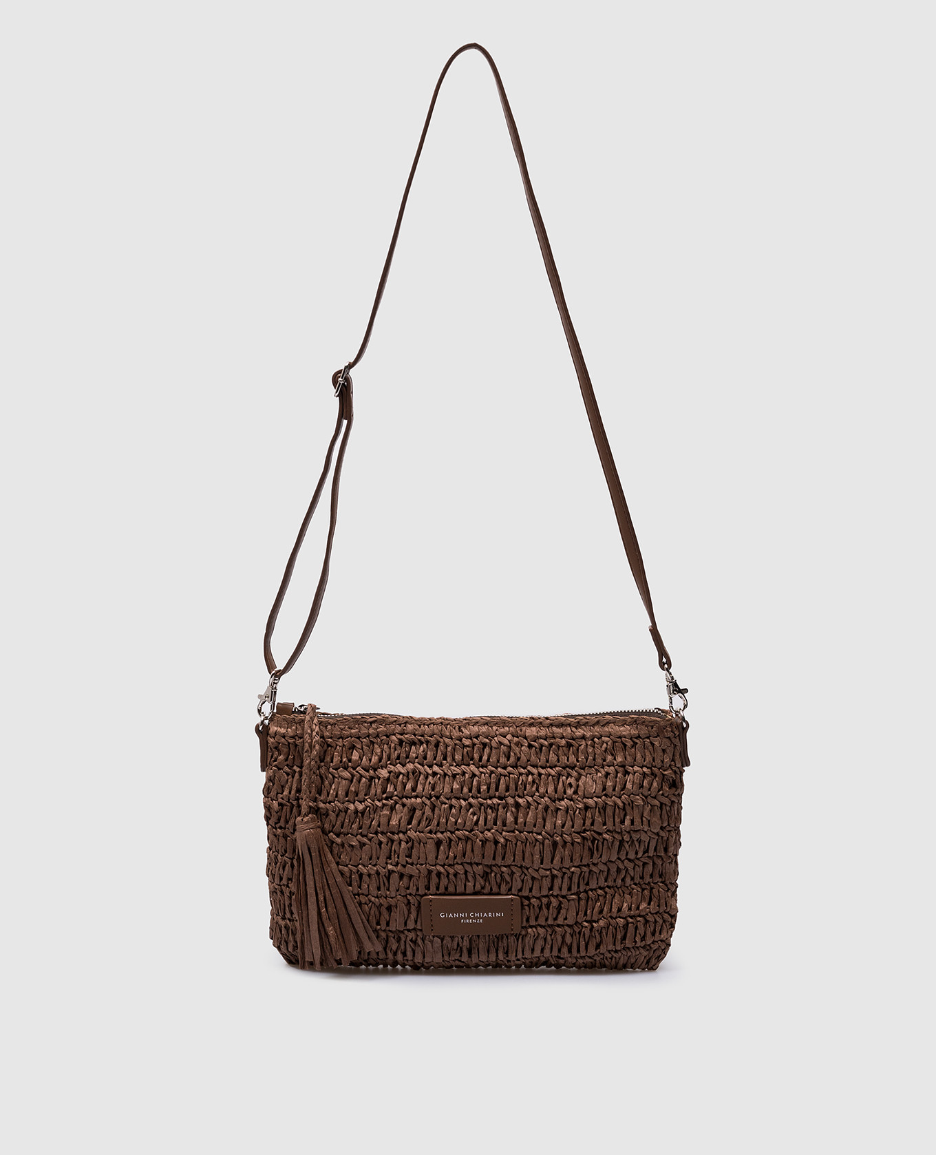 Brown Marcella woven clutch with logo patch