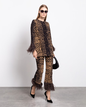 Valentino Коричневые брюки клеш в анималистичный принт с перьями страуса. 3B3KF01H84F