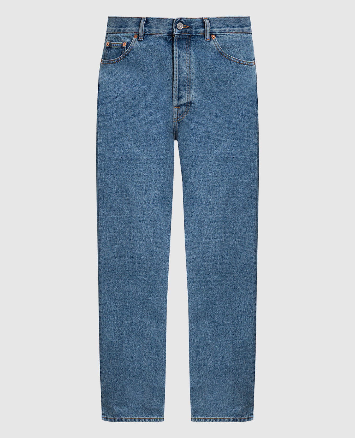 

Голубые джинсы с кожаным патчем логотипа, Голубой, Прямые джинсы