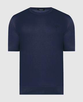 Stefano Ricci Синя футболка з вишивкою емблеми логотипа у вигляді голови орла K313030G10
