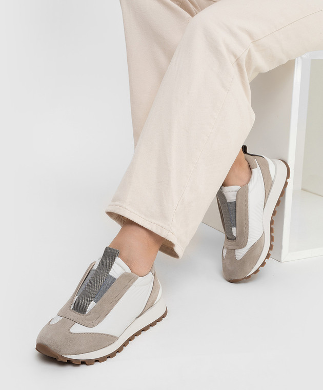 Brunello Cucinelli Бежевые кроссовки с замшевыми вставками и цепочками MZSFG2126 изображение 2