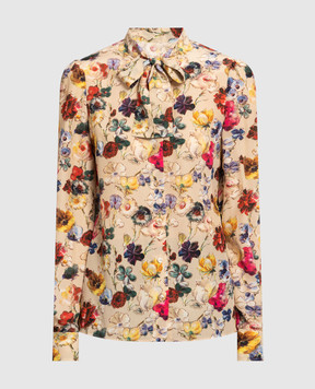 Dolce&Gabbana Бежева блуза із шовку в квітковий принт F5I11TTS1JR