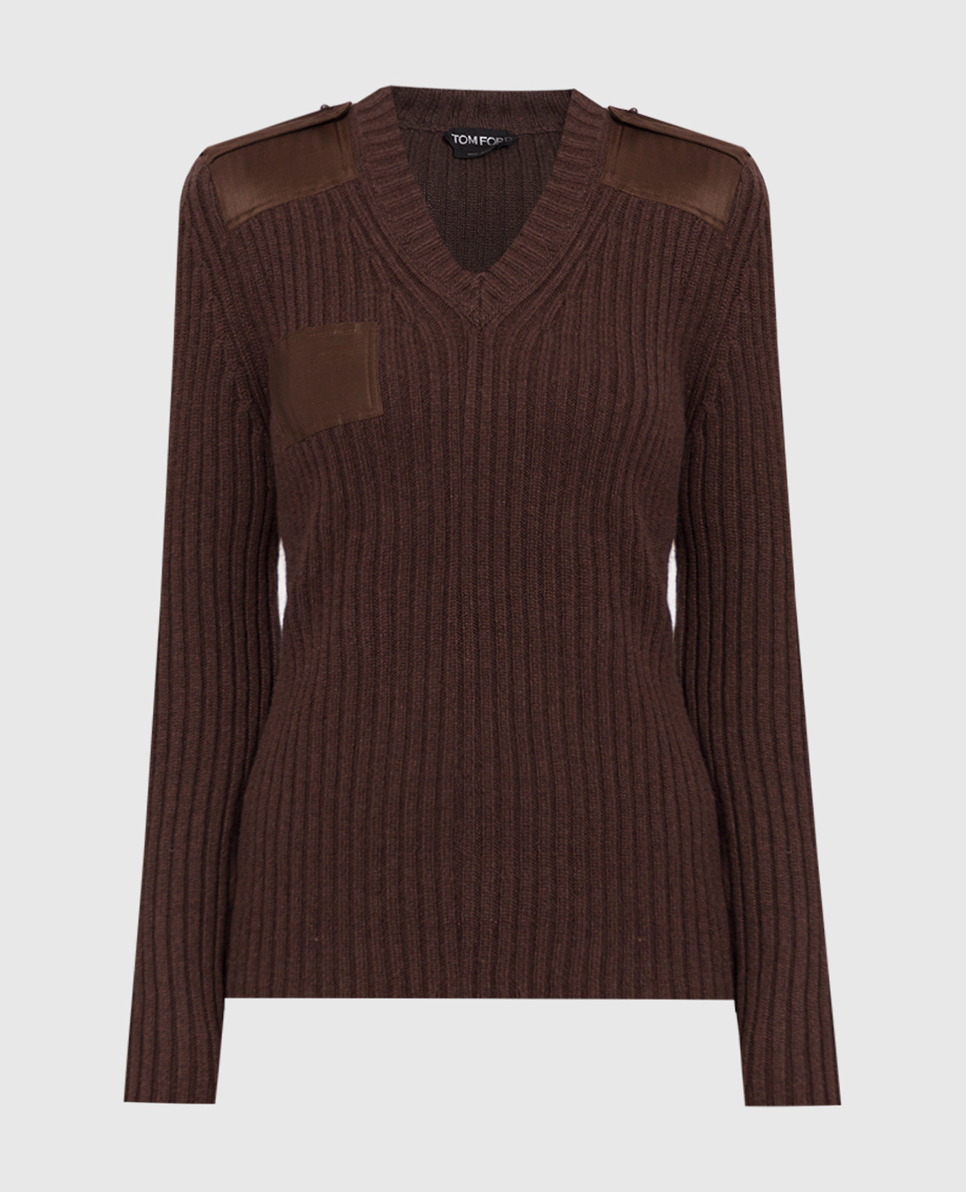 Темно-коричневый кашемировый пуловер в рубчик с патчами