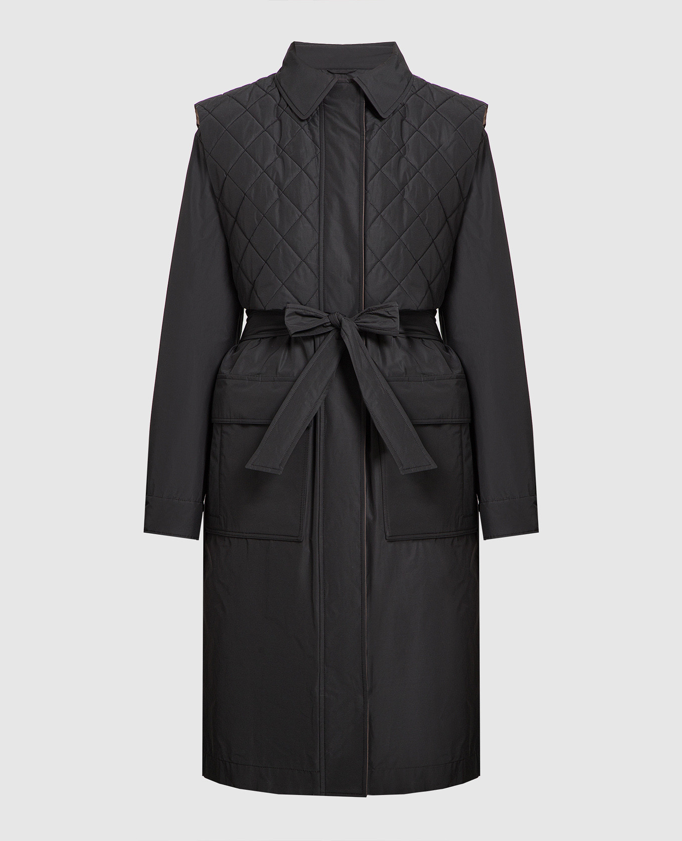 Black trench coat with figured quilting