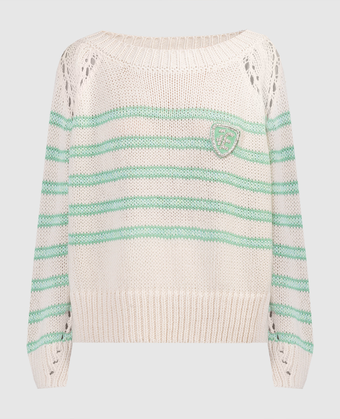 White striped sweater with logo patch
