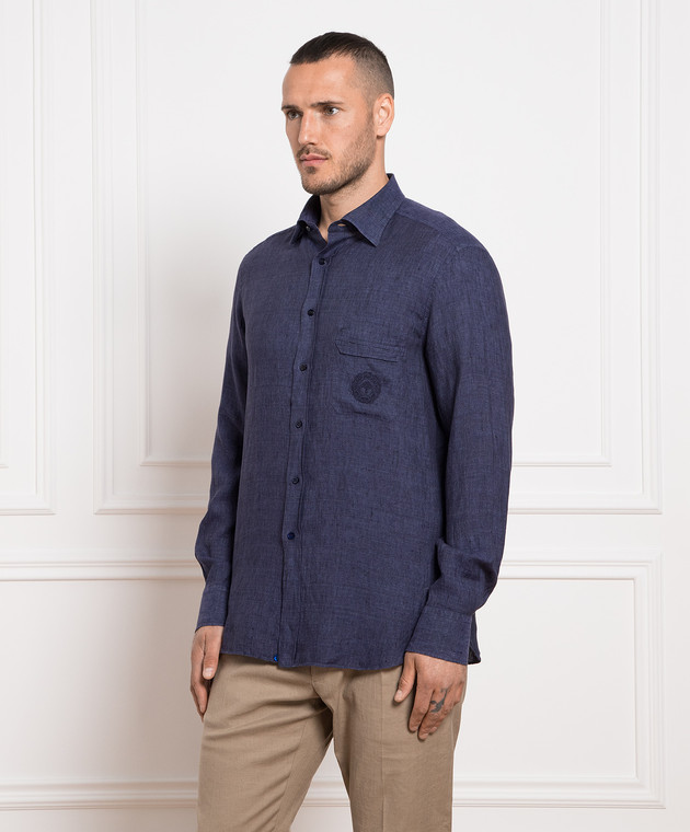 Stefano Ricci Blue linen shirt with logo embroidery MC006703LX2330 image 3