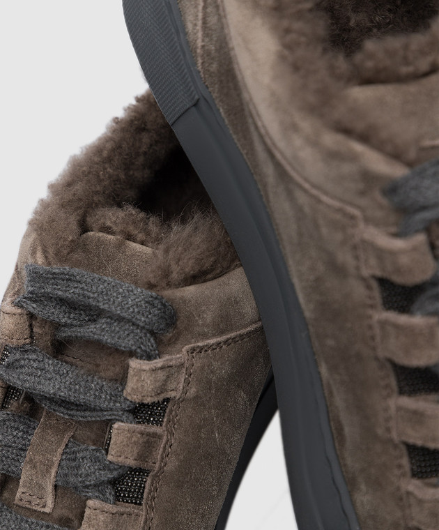 Brunello Cucinelli Коричневі замшеві кеди на хутрі з ланцюжком моніль MZSFG2391 зображення 5