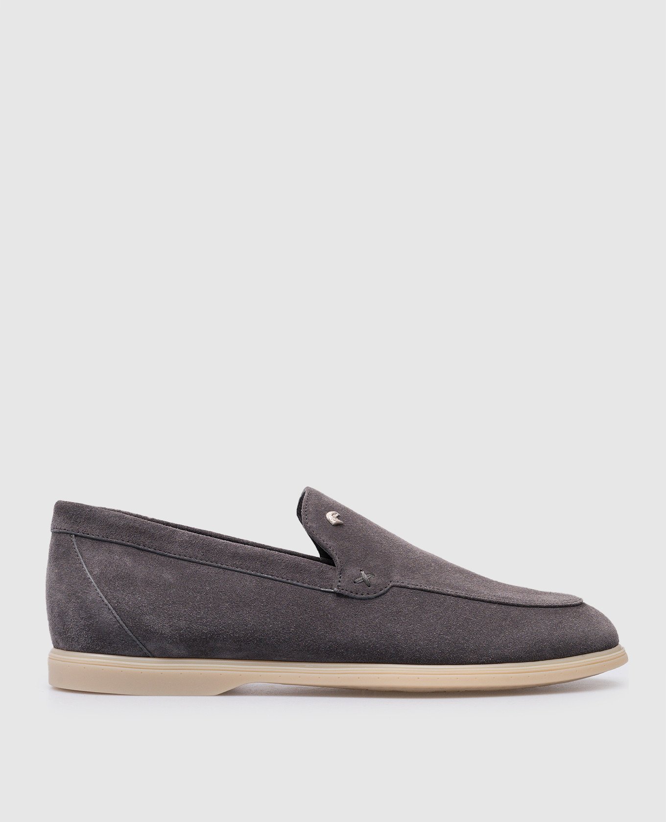 Gray suede loafers with logo patch