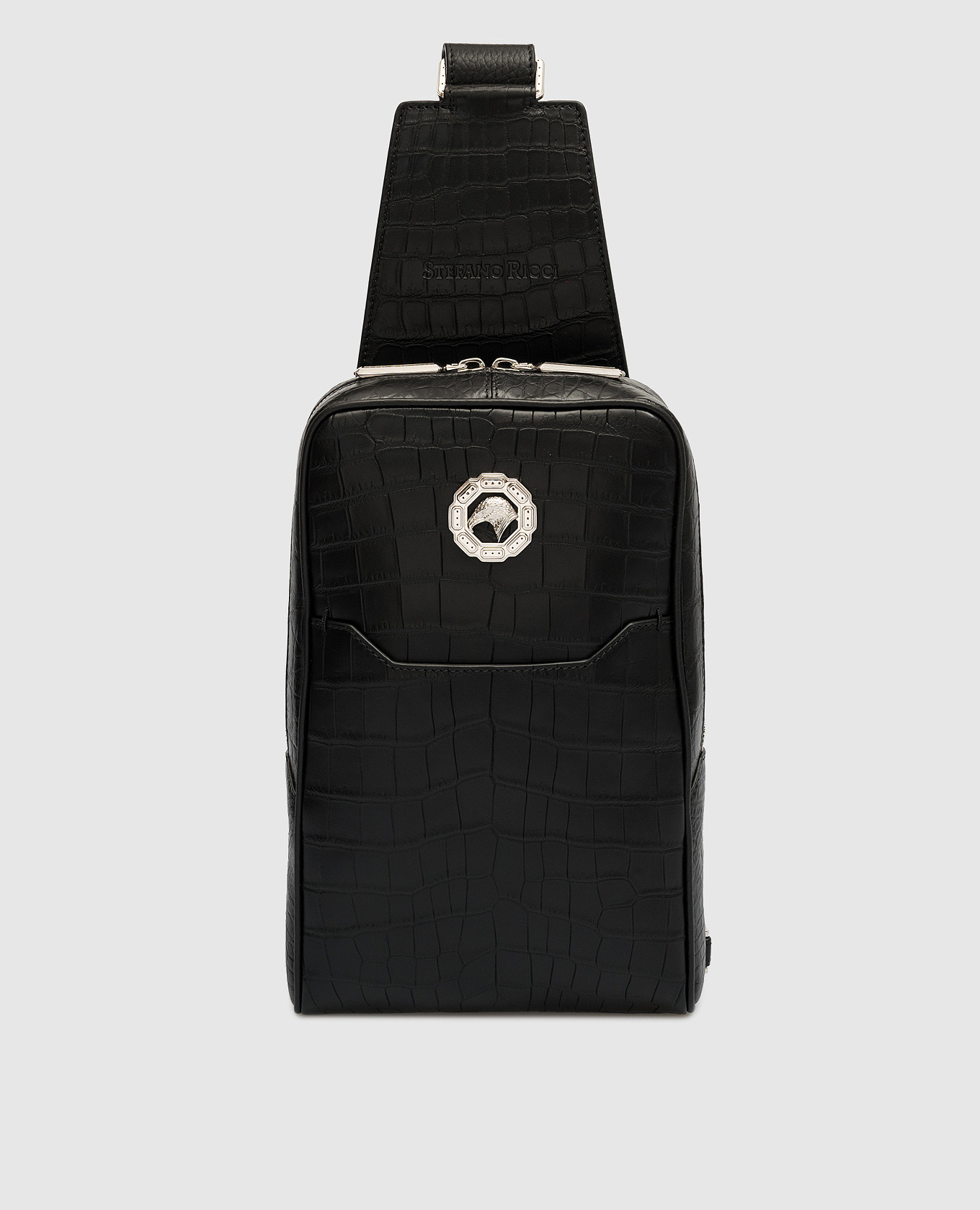 Чорна сумка-слінг зі шкіри крокодила з логотипом